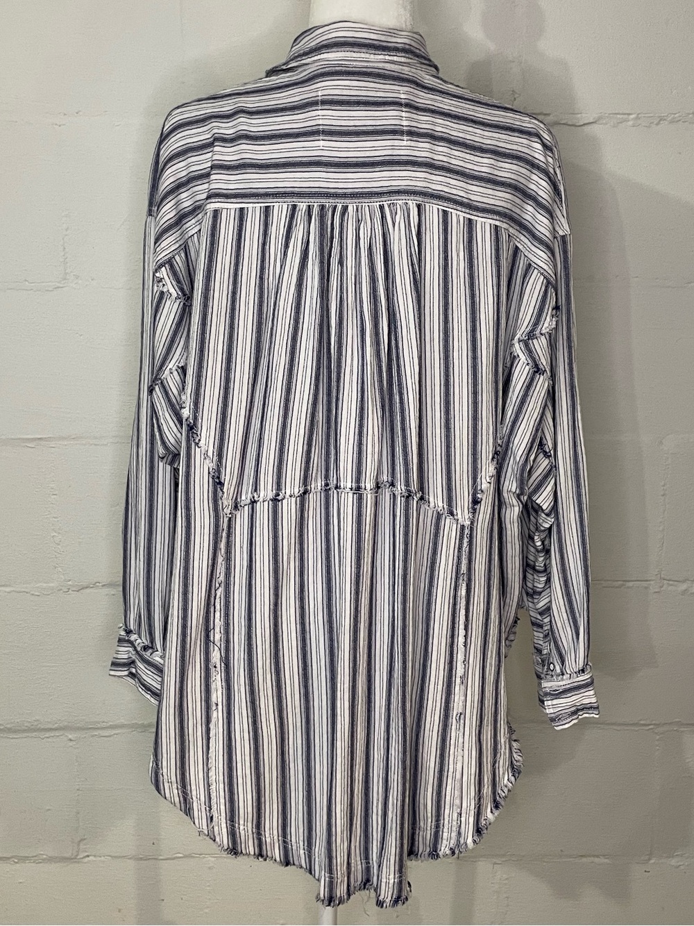 We The Free Striped Button-Front Tunic Blouse in White and Navy - Picture 3 of 4